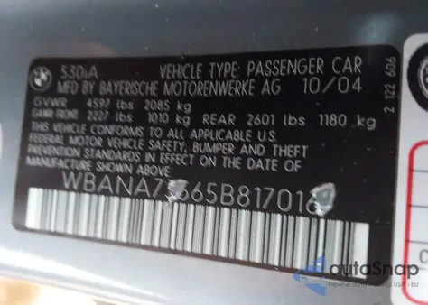 2005 BMW 530I из США, поврежденный, VIN WBANA73565B817016